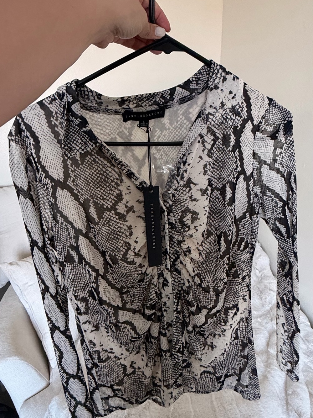 Snake Print Sheer Button Front Top - Black & White